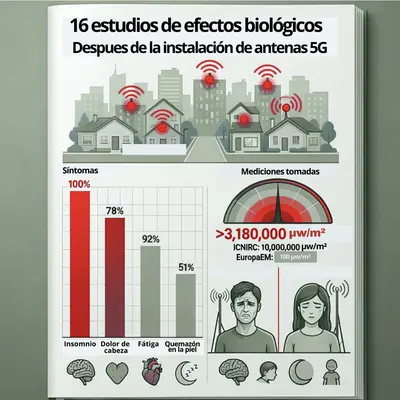 Infografía científica con datos del estudio Hardell & Nilsson (2024): 16 personas desarrollaron insomnio (100%), fatiga (92%), dolor de cabeza (78%) y quemazón cutánea (51%) tras instalación de antenas 5G. Mediciones >3,180,000 μW/m². Comparación con límites ICNIRP y EuropaEM.